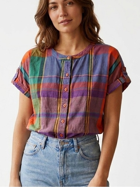 Allison Smith Tops - VTG-08 80’s 90’s true vintage Colorful Plaid Button-Up Blouse dopamine size 8